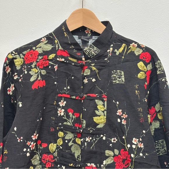 Silkland Asian Print Textured Silk Floral Blouse Jacket Beaded Black Red XL - Picture 3 of 12